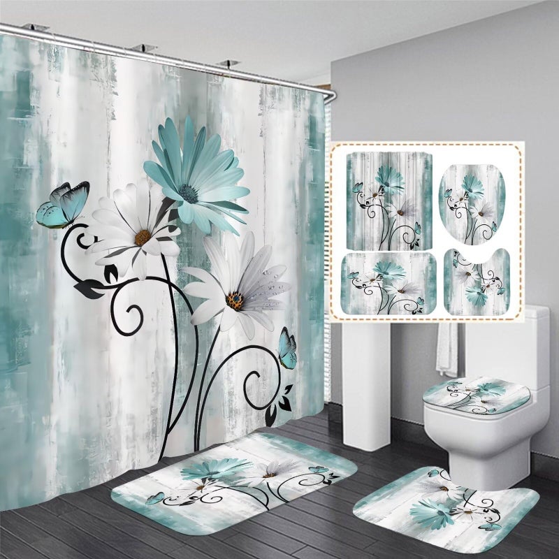 azhm ريفي مزرعة دش الستار مجموعة 4pcs مزرعة البط البري ديزي الزهور ديكور الحمام مجموعة مع ستارة دش والسجاد والاكسسوارات زهرة على البلد ستارة الحمام الخشبية مع 12 السنانير - Image 1
